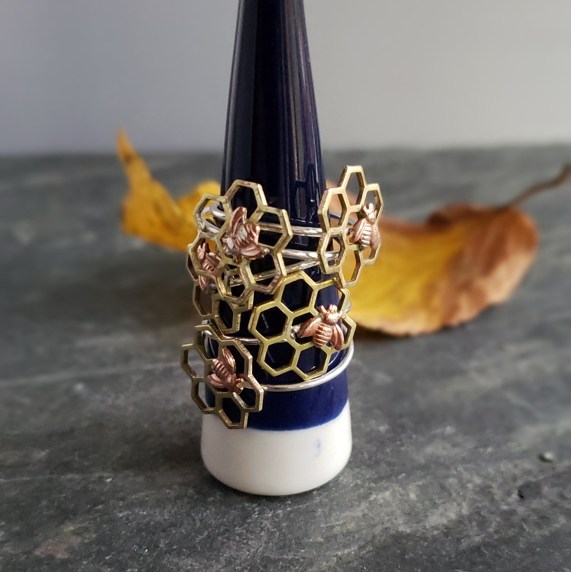 Brass Honeycomb Ring with Bee