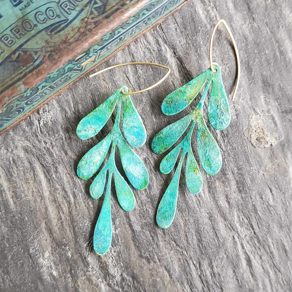 Verdigris Patina Willow Leaf Earrings