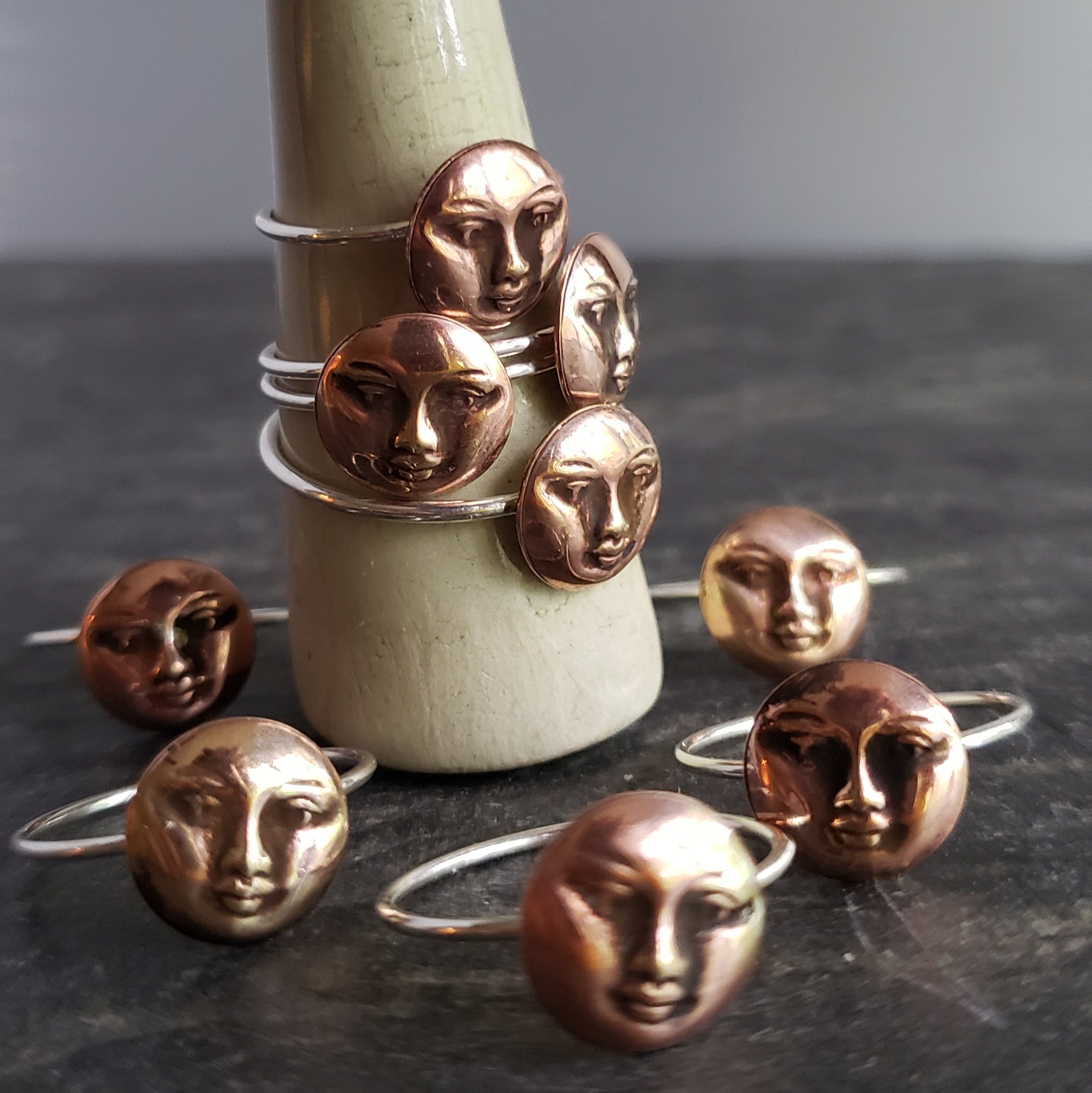 Moon Face Copper & Sterling Silver Ring