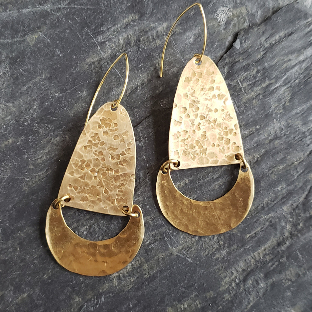 Bold Boho Hammered Brass Crescent Earrings