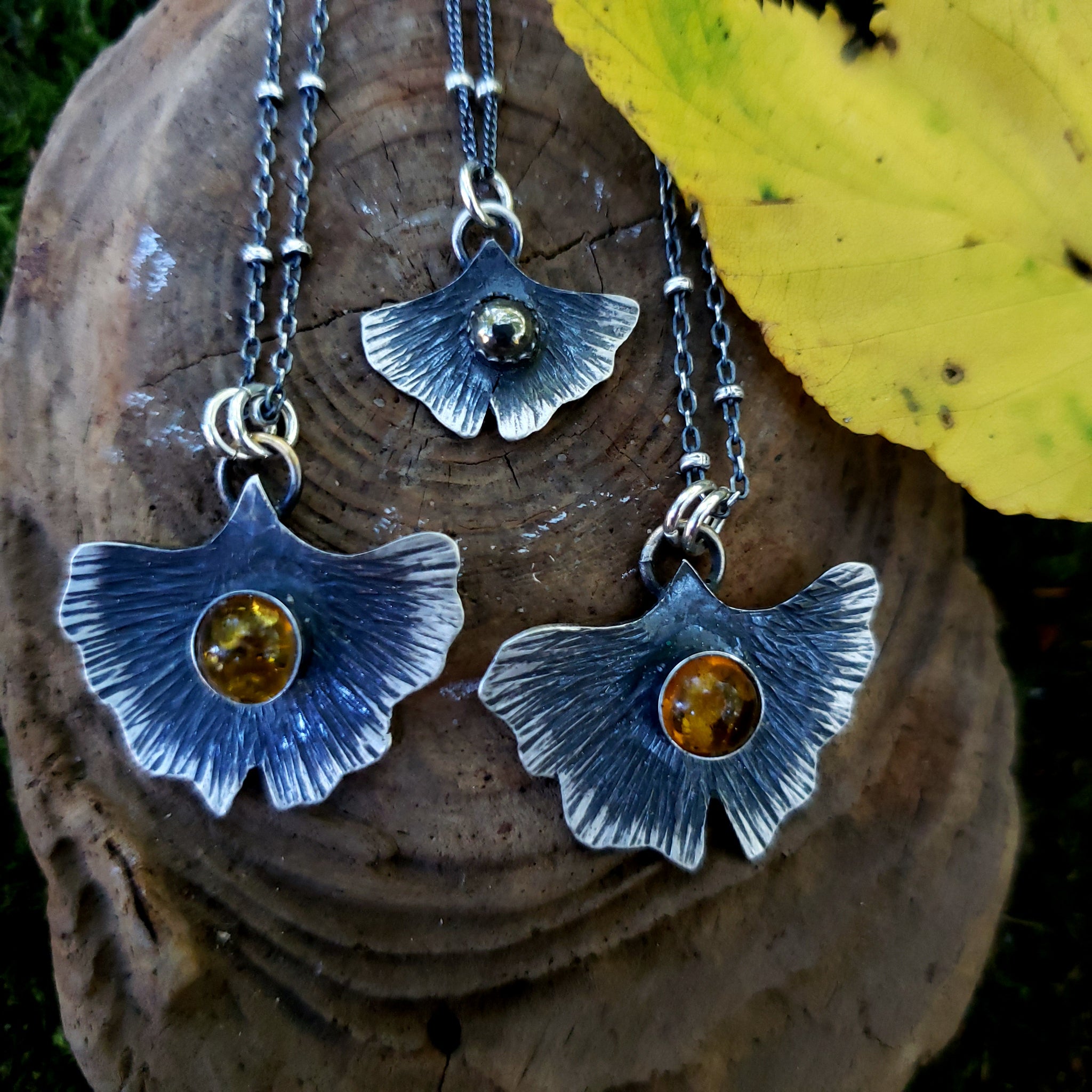 The Woodland Collection - Ombré Amber Ginkgo Leaf Pendants in Sterling Silver