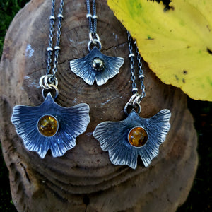 The Woodland Collection - Ombré Amber Ginkgo Leaf Pendants in Sterling Silver