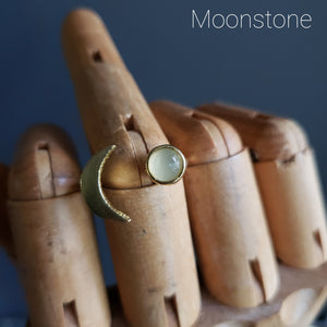 Gemstone Crescent Moon Adjustable Brass Ring