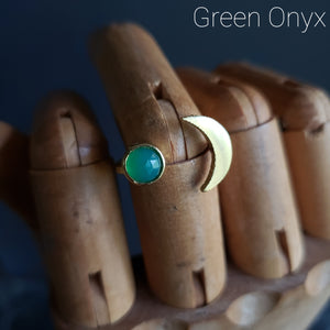 Gemstone Crescent Moon Adjustable Brass Ring