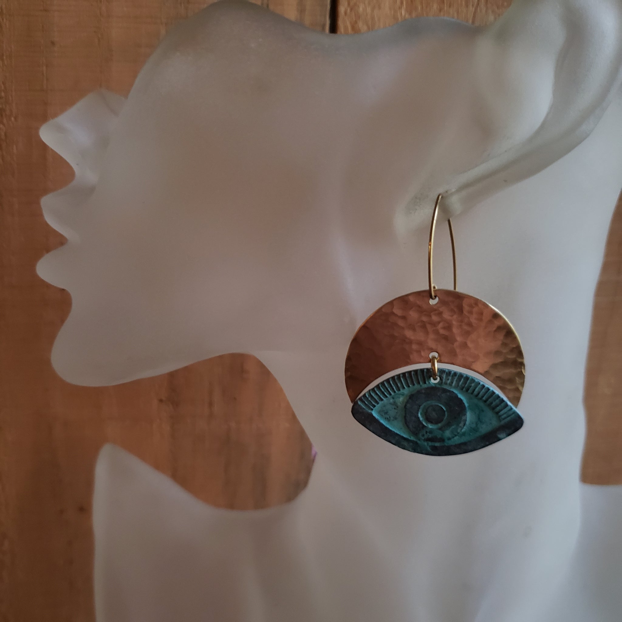 Hear No Evil Eye Verdigris Brass Earrings