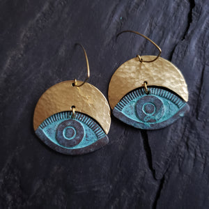 Hear No Evil Eye Verdigris Brass Earrings