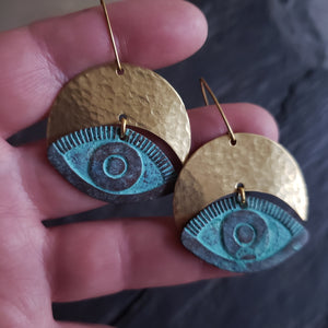 Hear No Evil Eye Verdigris Brass Earrings