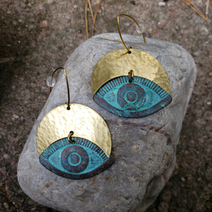 Hear No Evil Eye Verdigris Brass Earrings