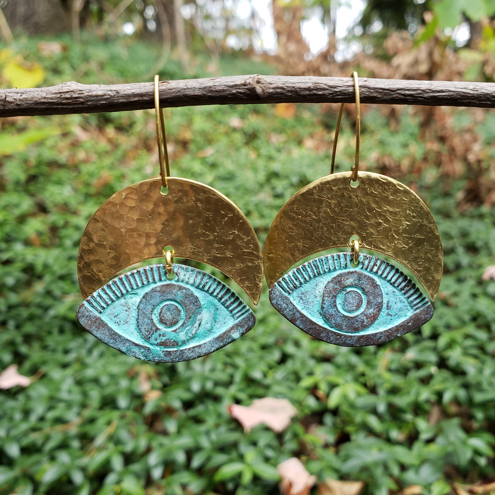 Hear No Evil Eye Verdigris Brass Earrings