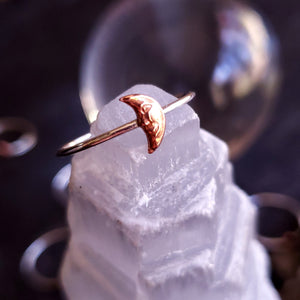 Tiny Crescent Man on the Moon Copper & Sterling Silver Ring