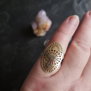 Brass Lacy Spiderweb Shield Ring with Sterling Silver Band