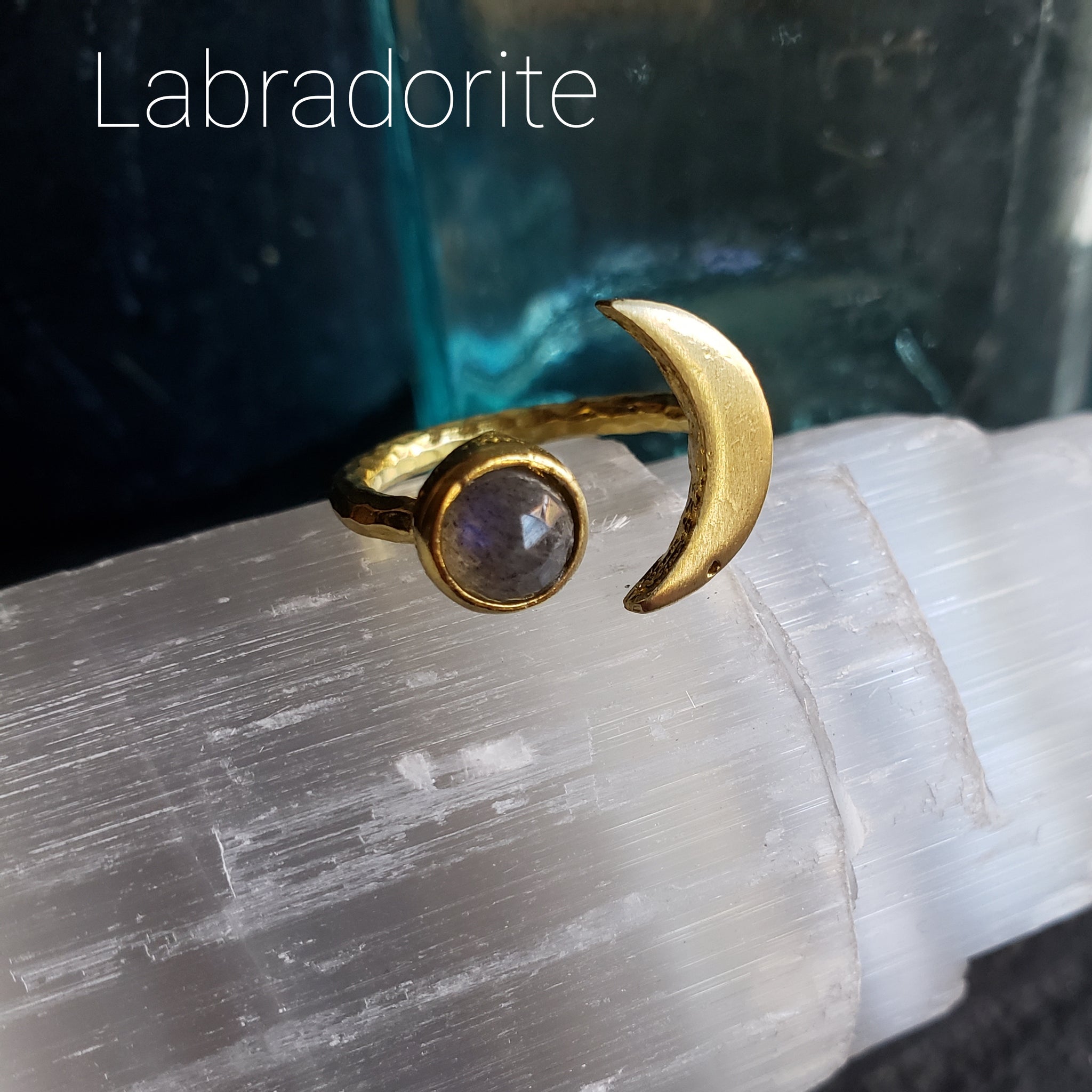 Gemstone Crescent Moon Adjustable Brass Ring