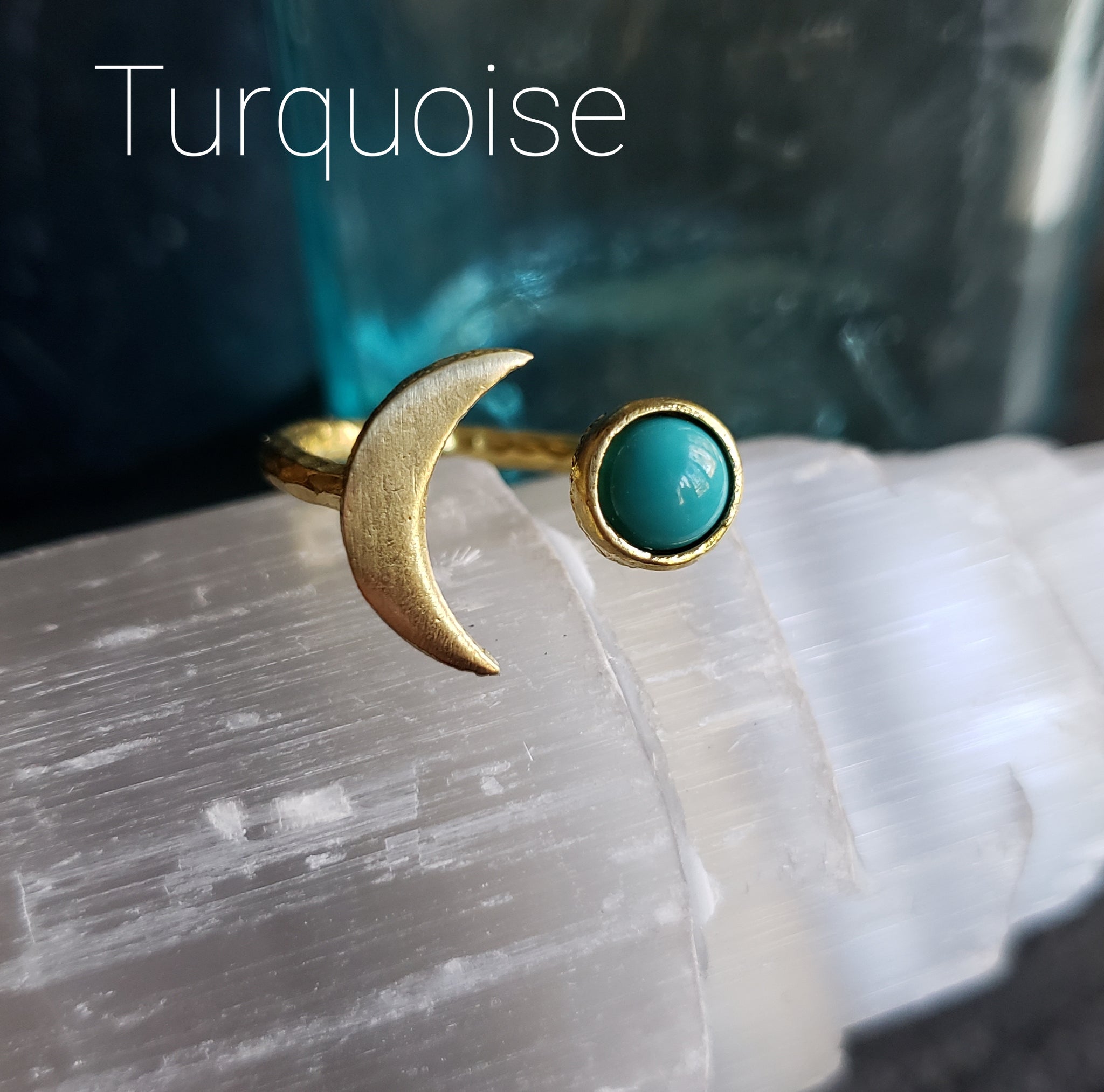 Gemstone Crescent Moon Adjustable Brass Ring