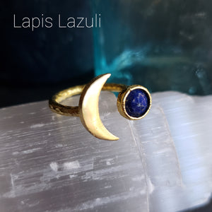 Gemstone Crescent Moon Adjustable Brass Ring