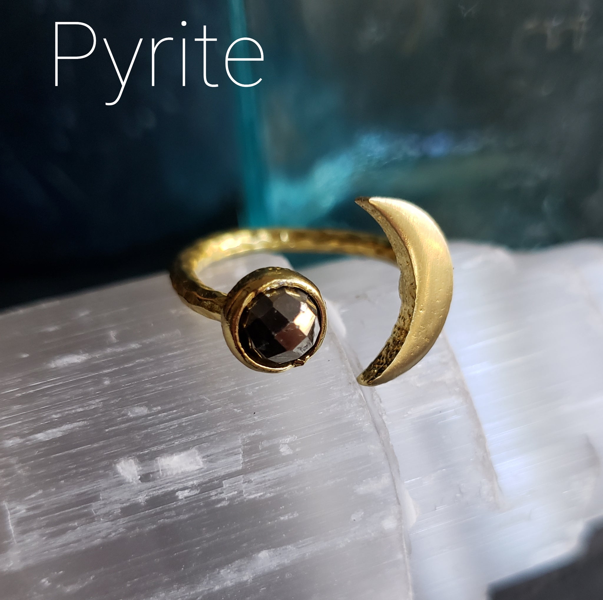 Gemstone Crescent Moon Adjustable Brass Ring