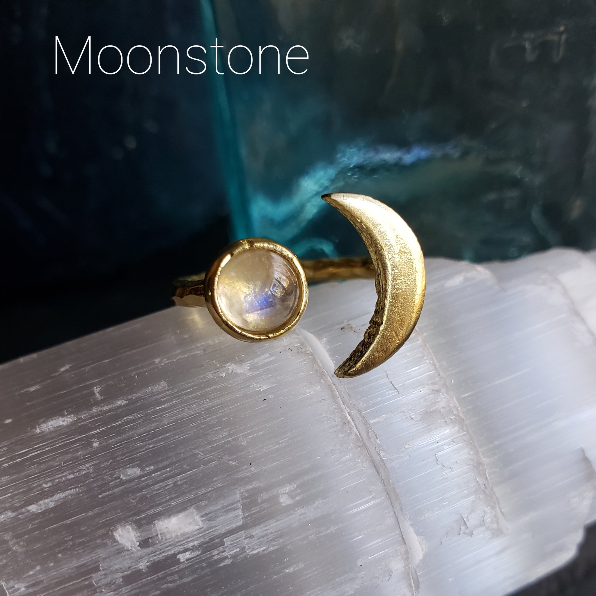 Gemstone Crescent Moon Adjustable Brass Ring