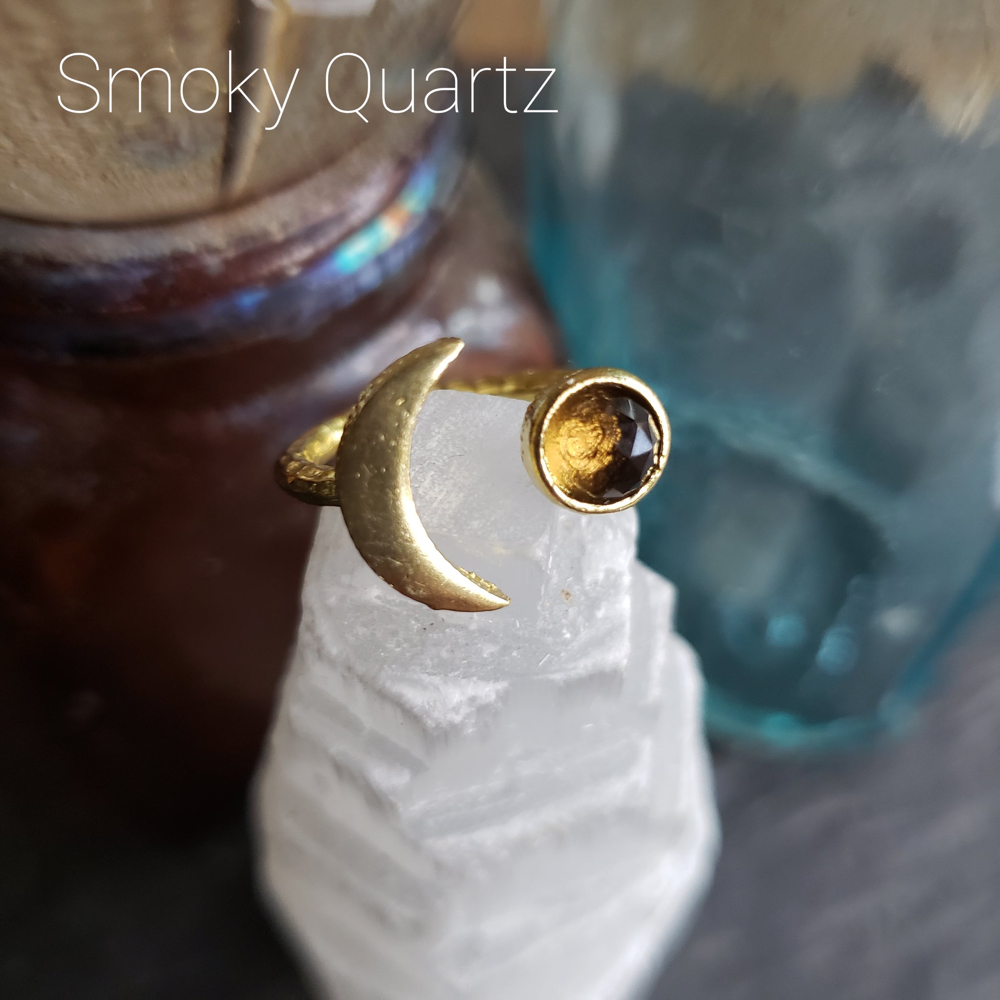 Gemstone Crescent Moon Adjustable Brass Ring