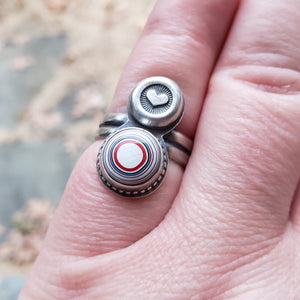 Fordite Bullseye & Stamped Heart Ring in Sterling Silver Size 6.75