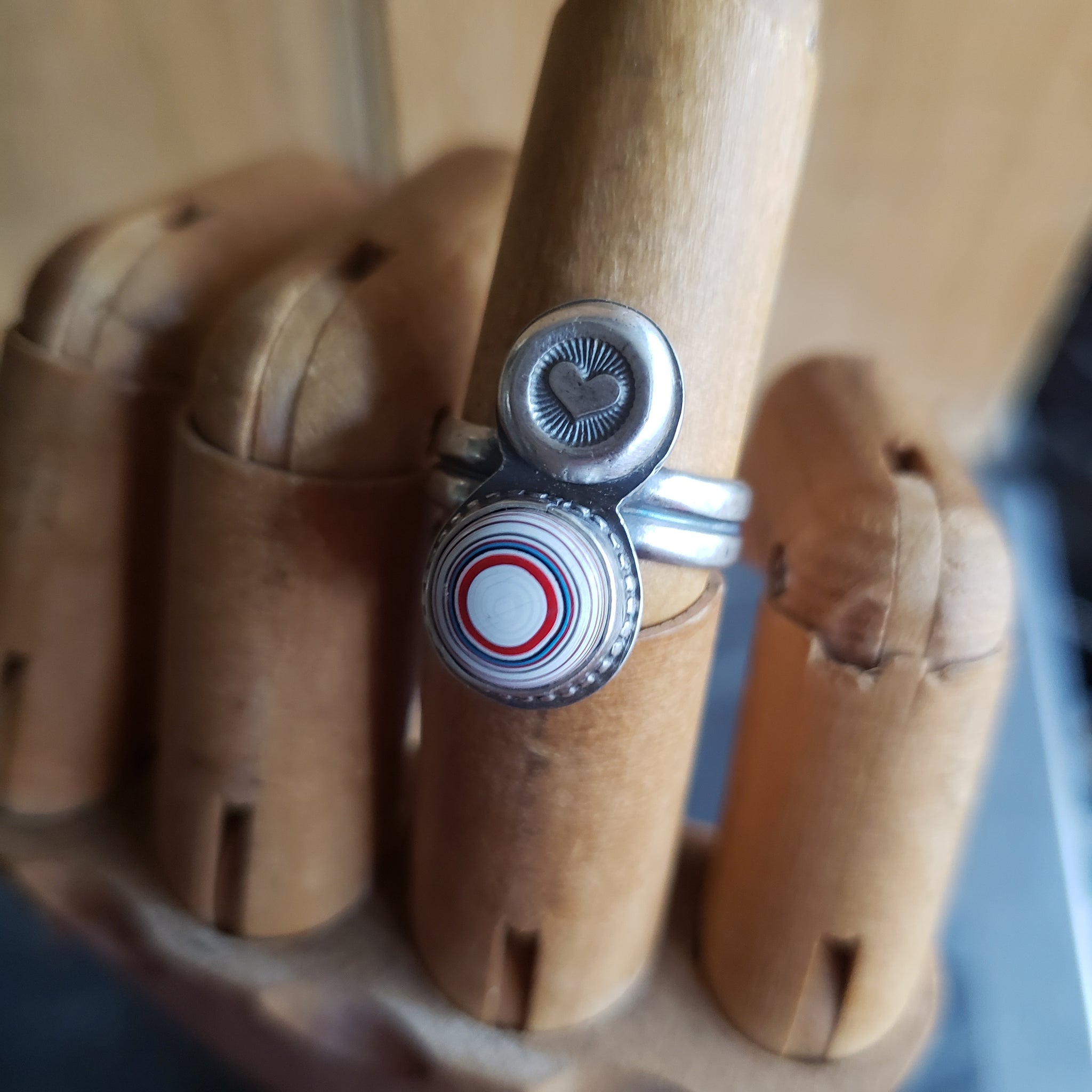 Fordite Bullseye & Stamped Heart Ring in Sterling Silver Size 6.75