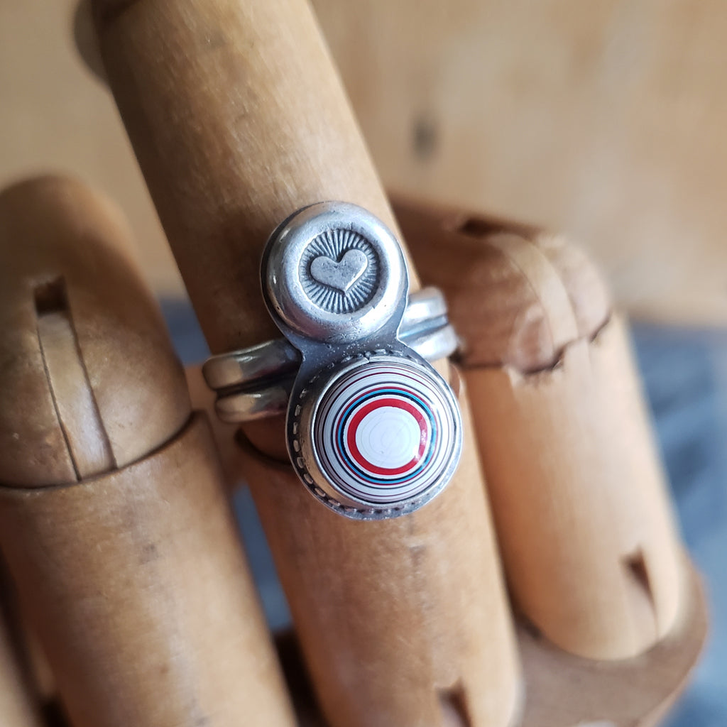 Fordite Bullseye & Stamped Heart Ring in Sterling Silver Size 6.75