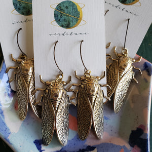 Cicada Earrings in Antiqued Brass