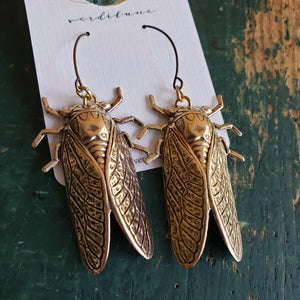 Cicada Earrings in Antiqued Brass