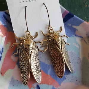 Cicada Earrings in Antiqued Brass