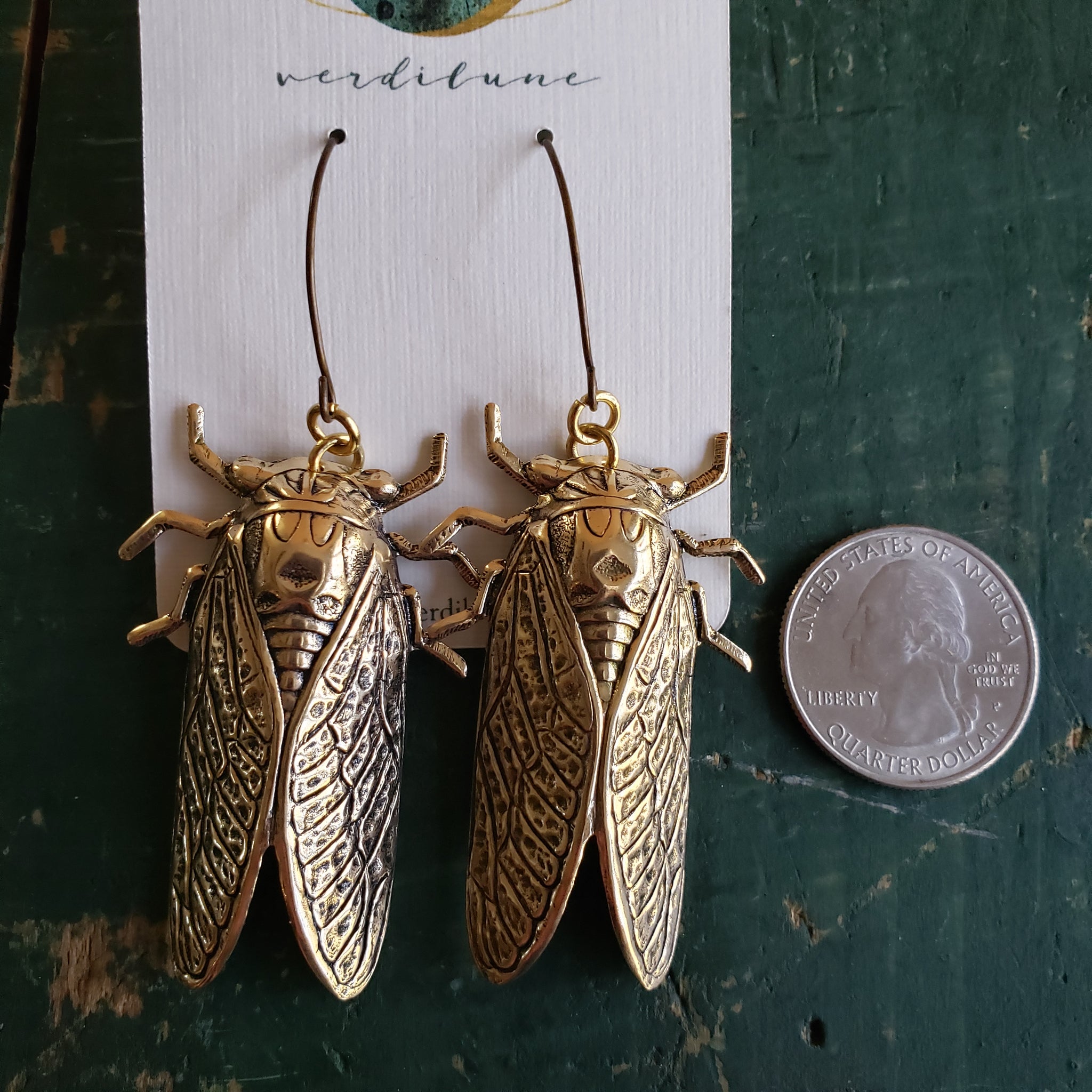 Cicada Earrings in Antiqued Brass