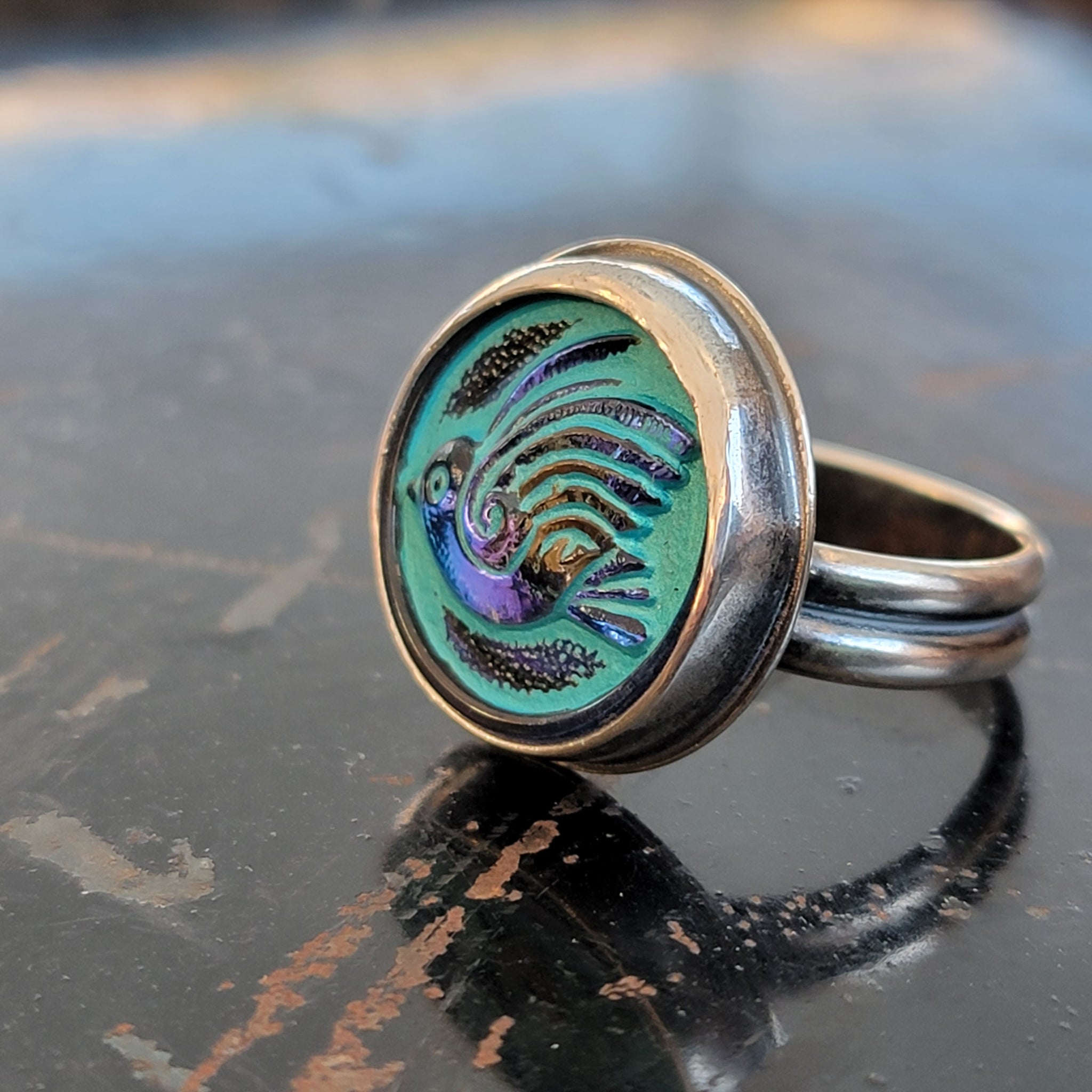 Czech Glass Iridescent Turquoise Retro Bird Ring in Sterling Silver