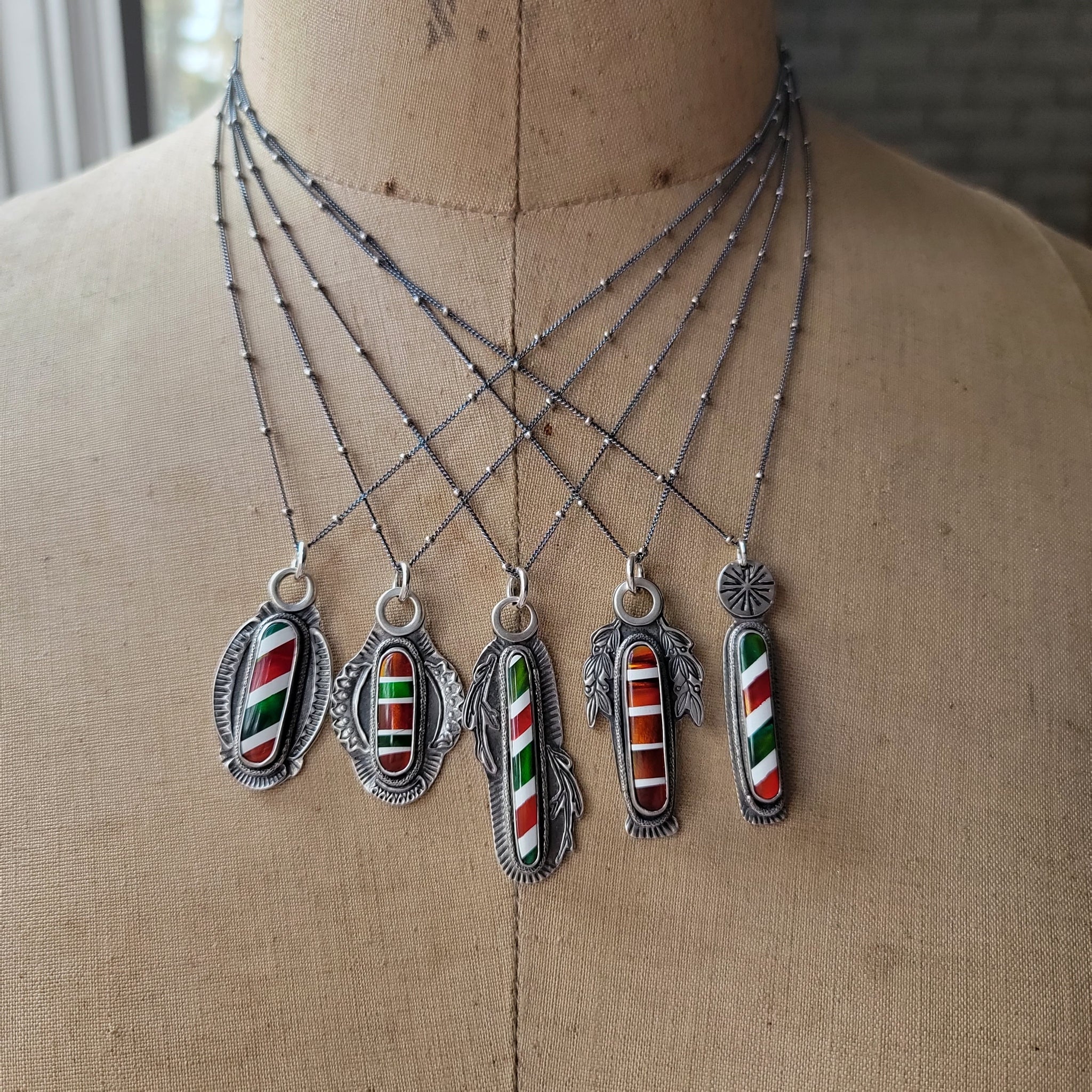 Candy Cane Striped Opal Pendants in Sterling Silver