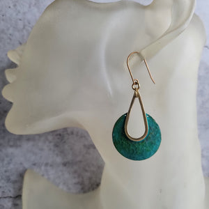 Gold-Edge Verdigris Green Hammered Drop Earrings