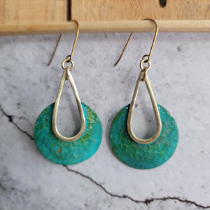 Gold-Edge Verdigris Green Hammered Drop Earrings