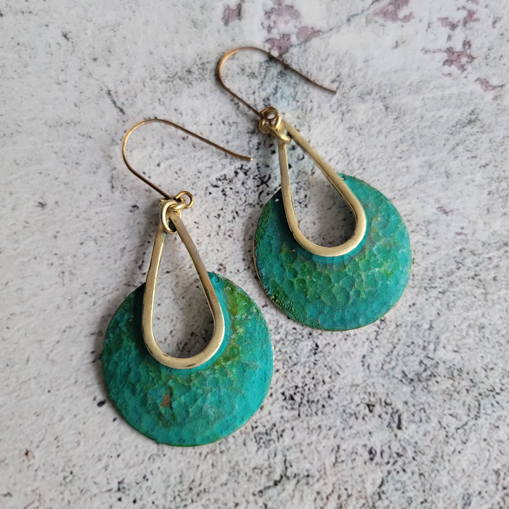 Gold-Edge Verdigris Green Hammered Drop Earrings