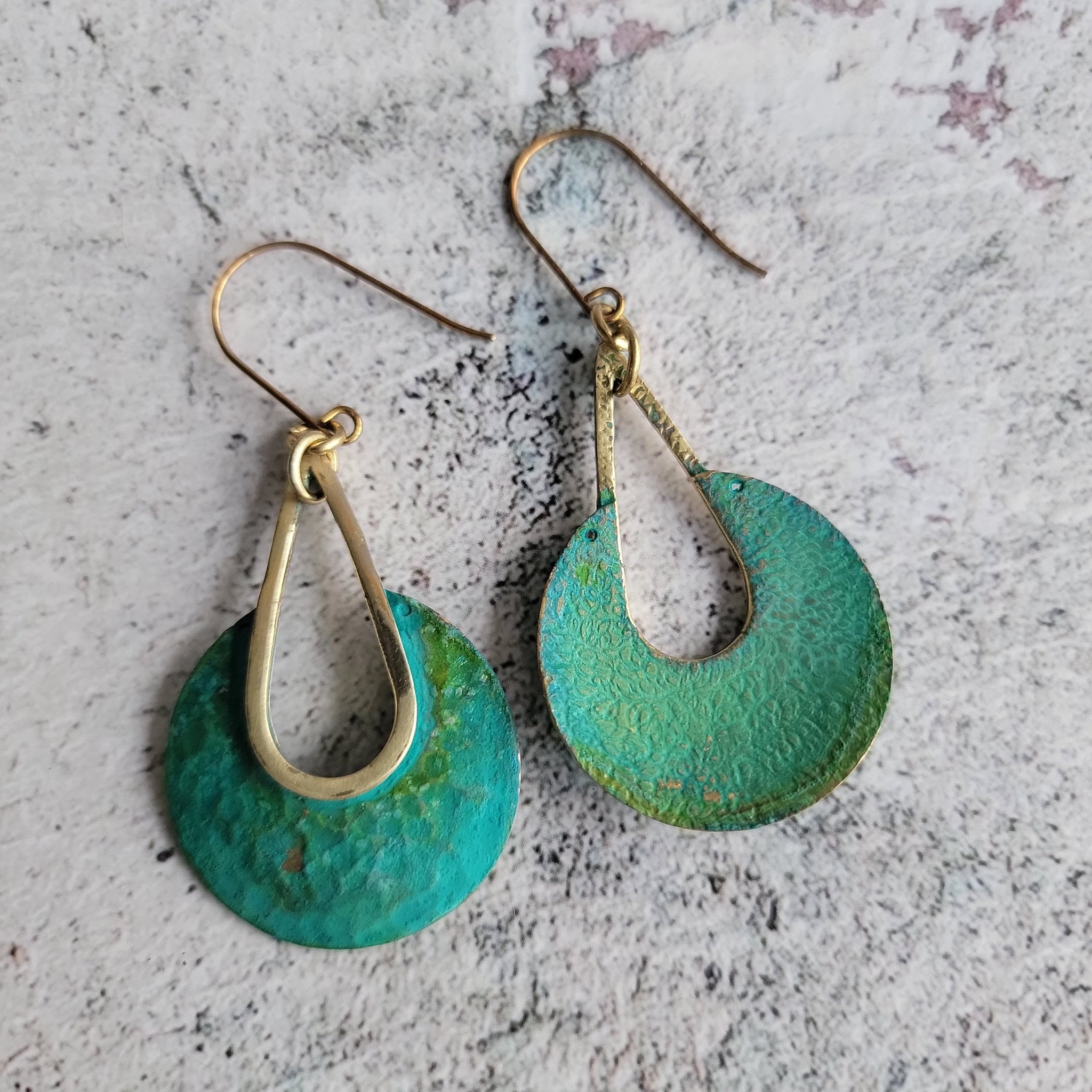 Gold-Edge Verdigris Green Hammered Drop Earrings