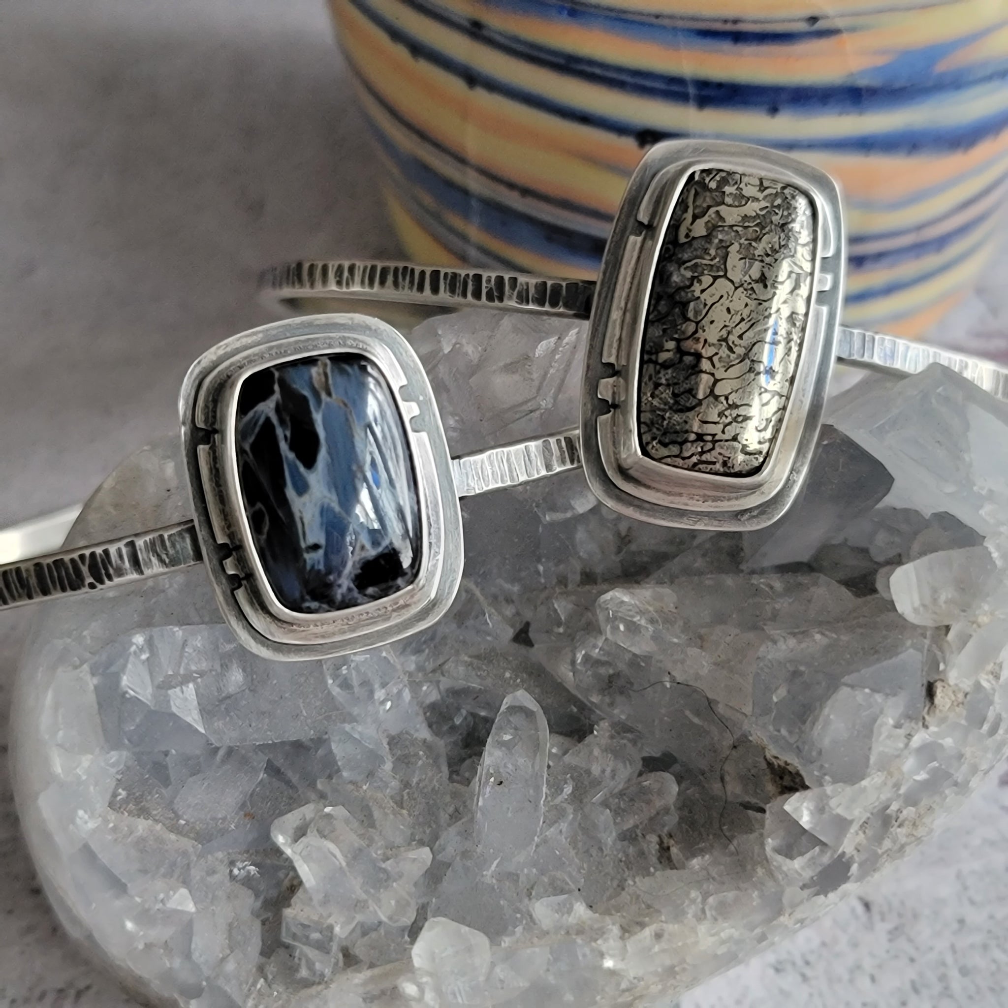 Pyritized Dinosaur Bone Gemstone Cuff in Sterling Silver