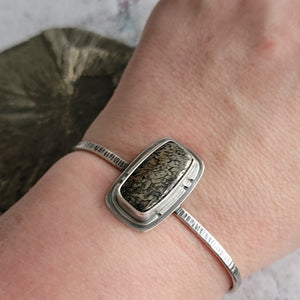 Pyritized Dinosaur Bone Gemstone Cuff in Sterling Silver