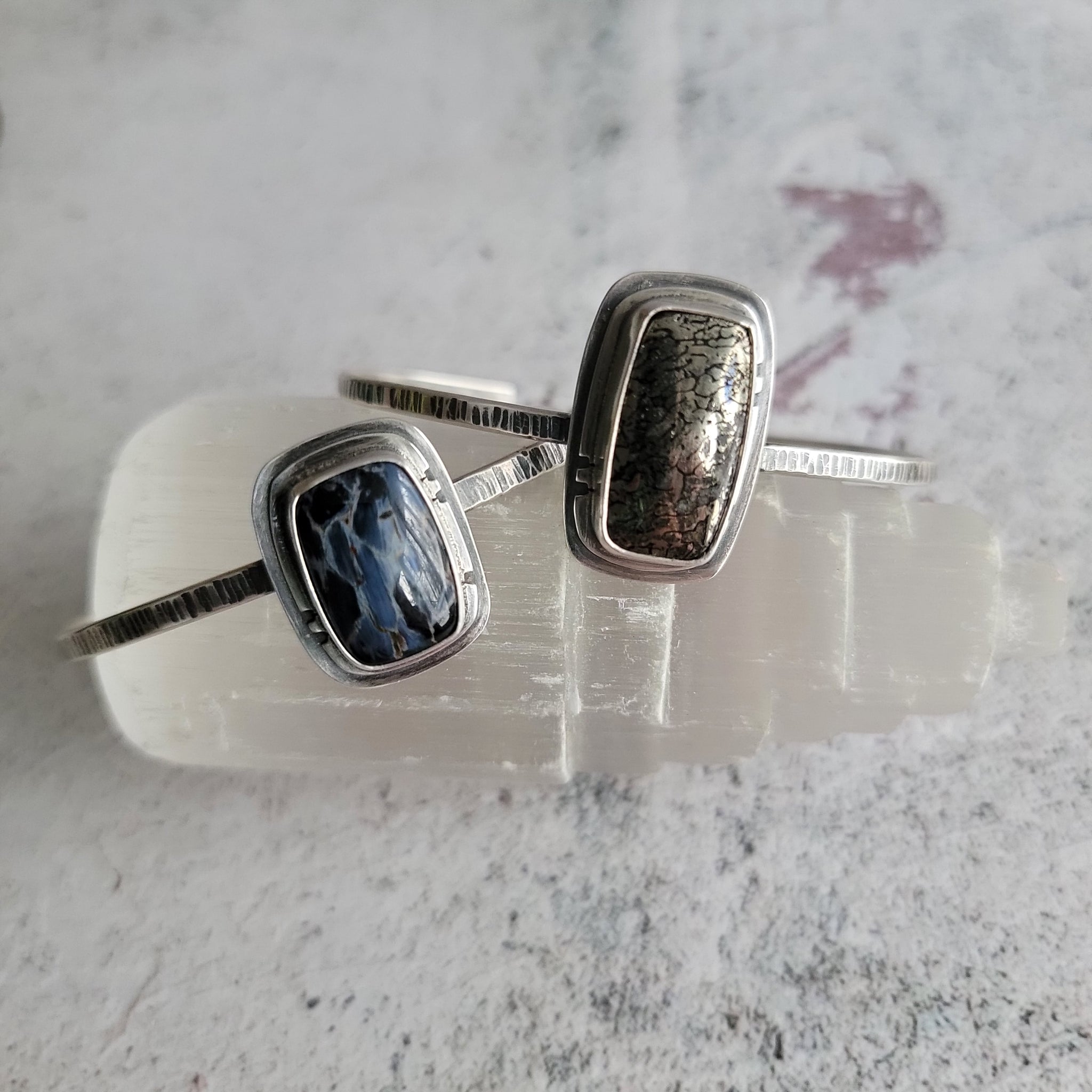 Pyritized Dinosaur Bone Gemstone Cuff in Sterling Silver