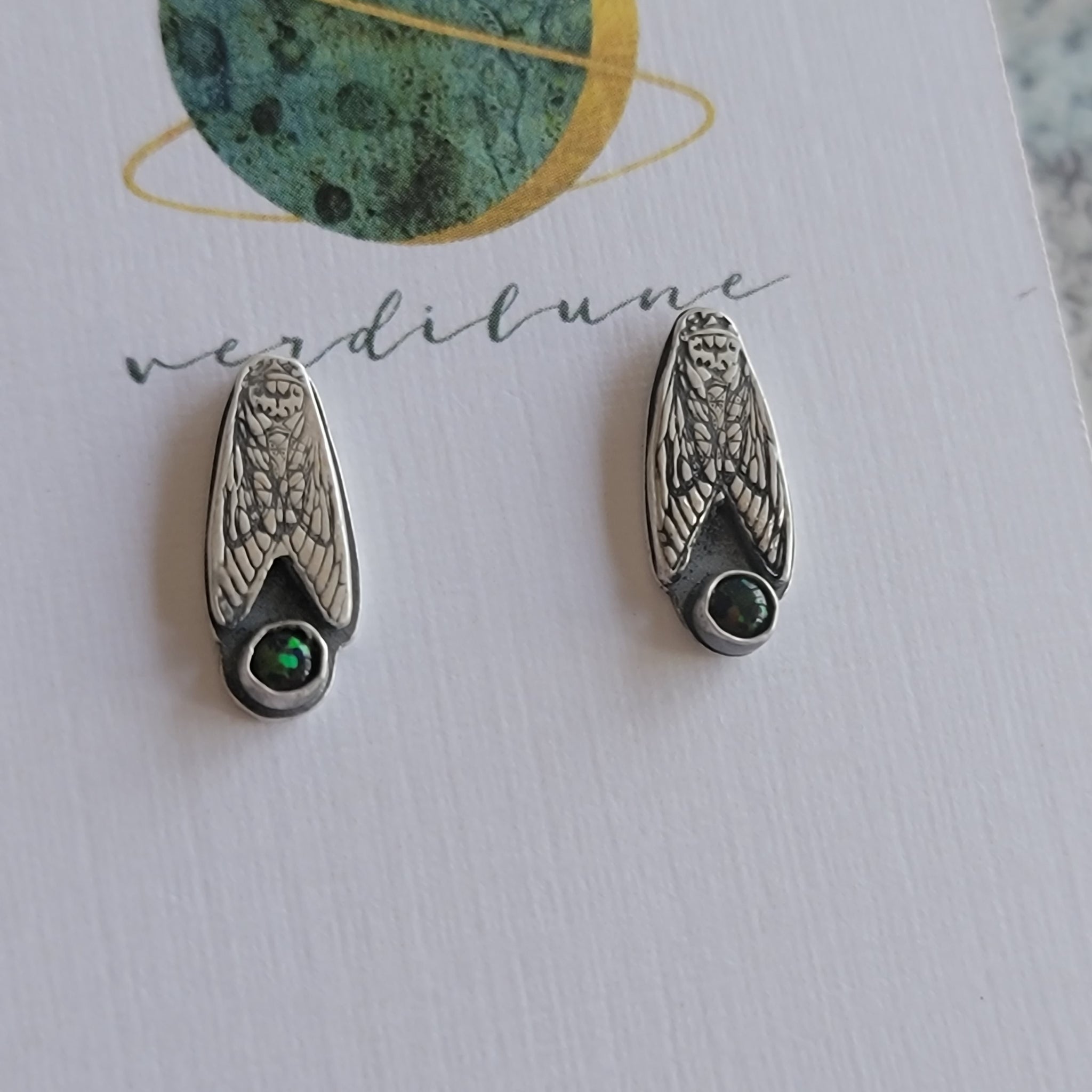 Sterling Silver Cicada Stud Earrings with Black Opal