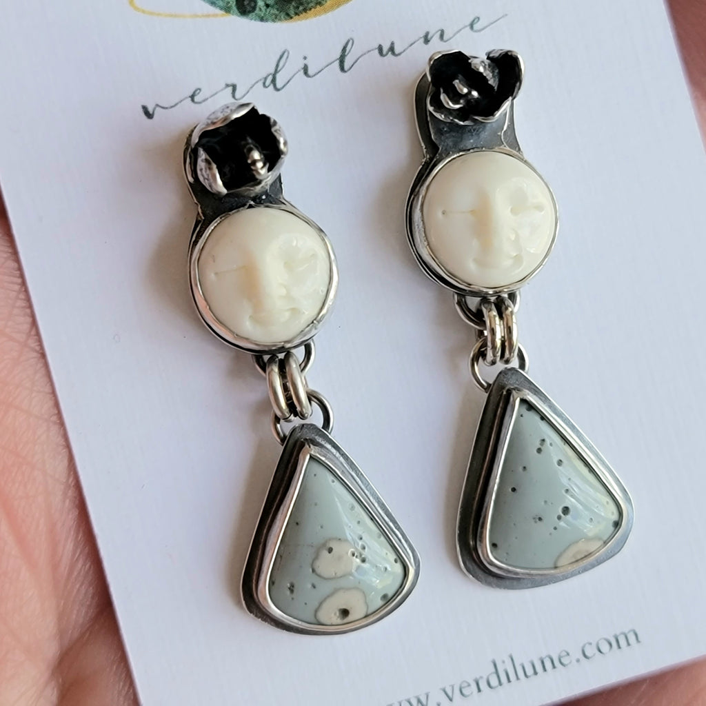 Carved Bone Moon Face & Leland Blue Earrings in Sterling Silver