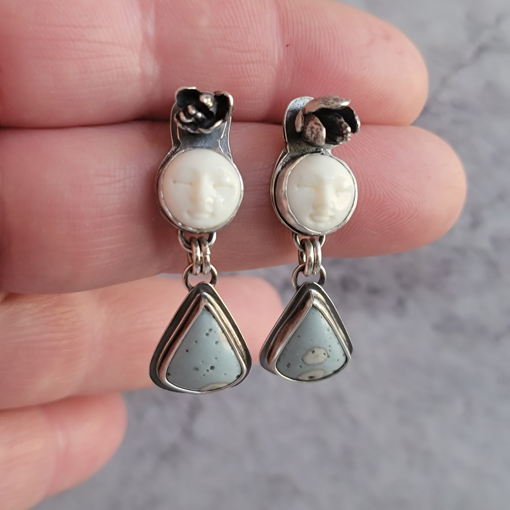 Carved Bone Moon Face & Leland Blue Earrings in Sterling Silver