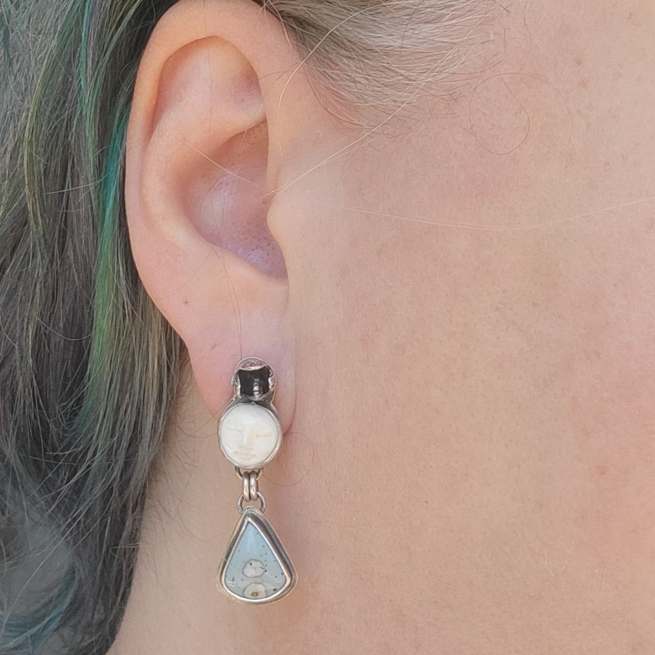 Carved Bone Moon Face & Leland Blue Earrings in Sterling Silver