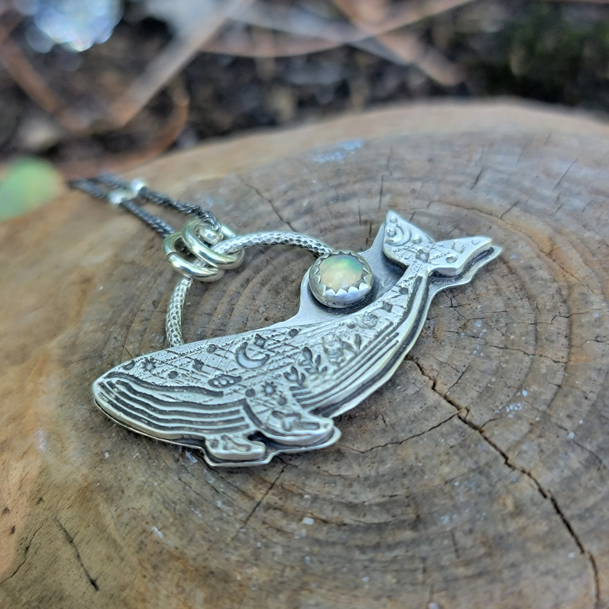 Celestial Whale Pendant in Fine Silver with Ethipoan Opal