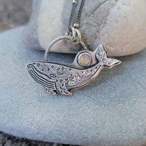 Celestial Whale Pendant in Fine Silver with Ethipoan Opal