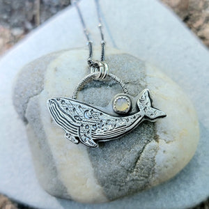 Celestial Whale Pendant in Fine Silver with Ethipoan Opal