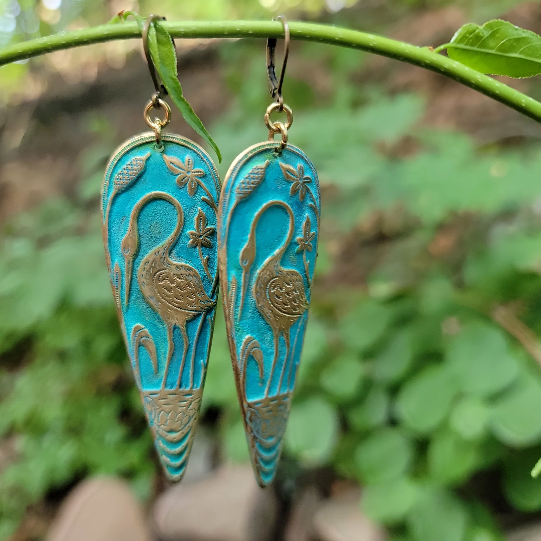 Art Noveau Heron Verdigris Drop Earrings