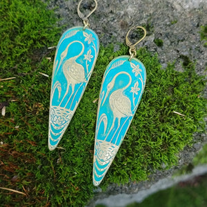 Art Noveau Heron Verdigris Drop Earrings