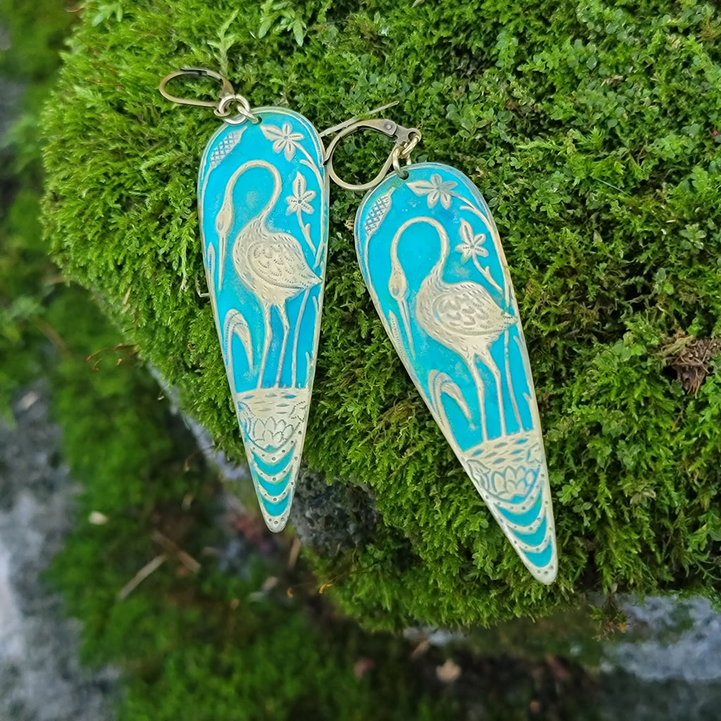 Art Noveau Heron Verdigris Drop Earrings