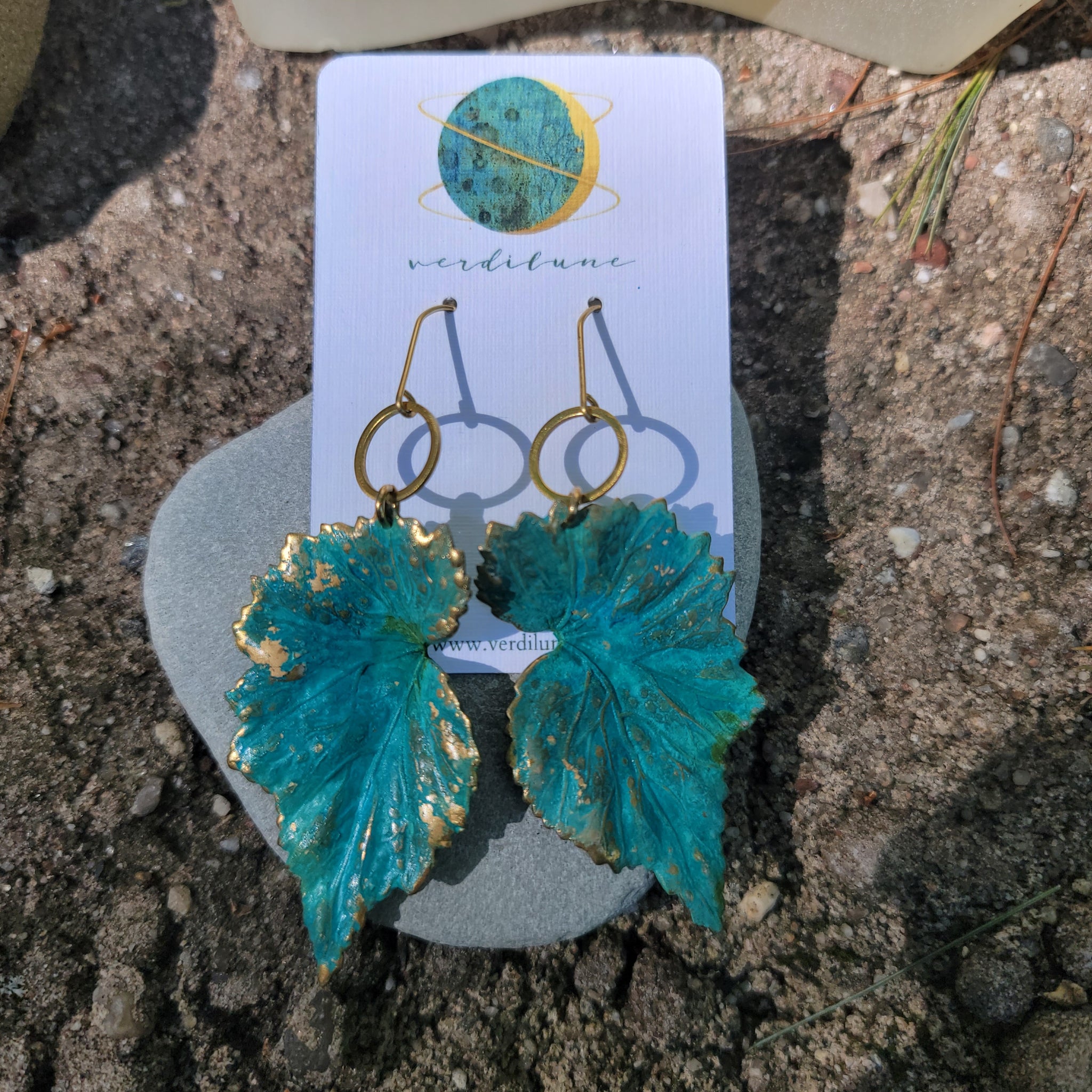 Verdigris Begonia Leaf Brass Earrings