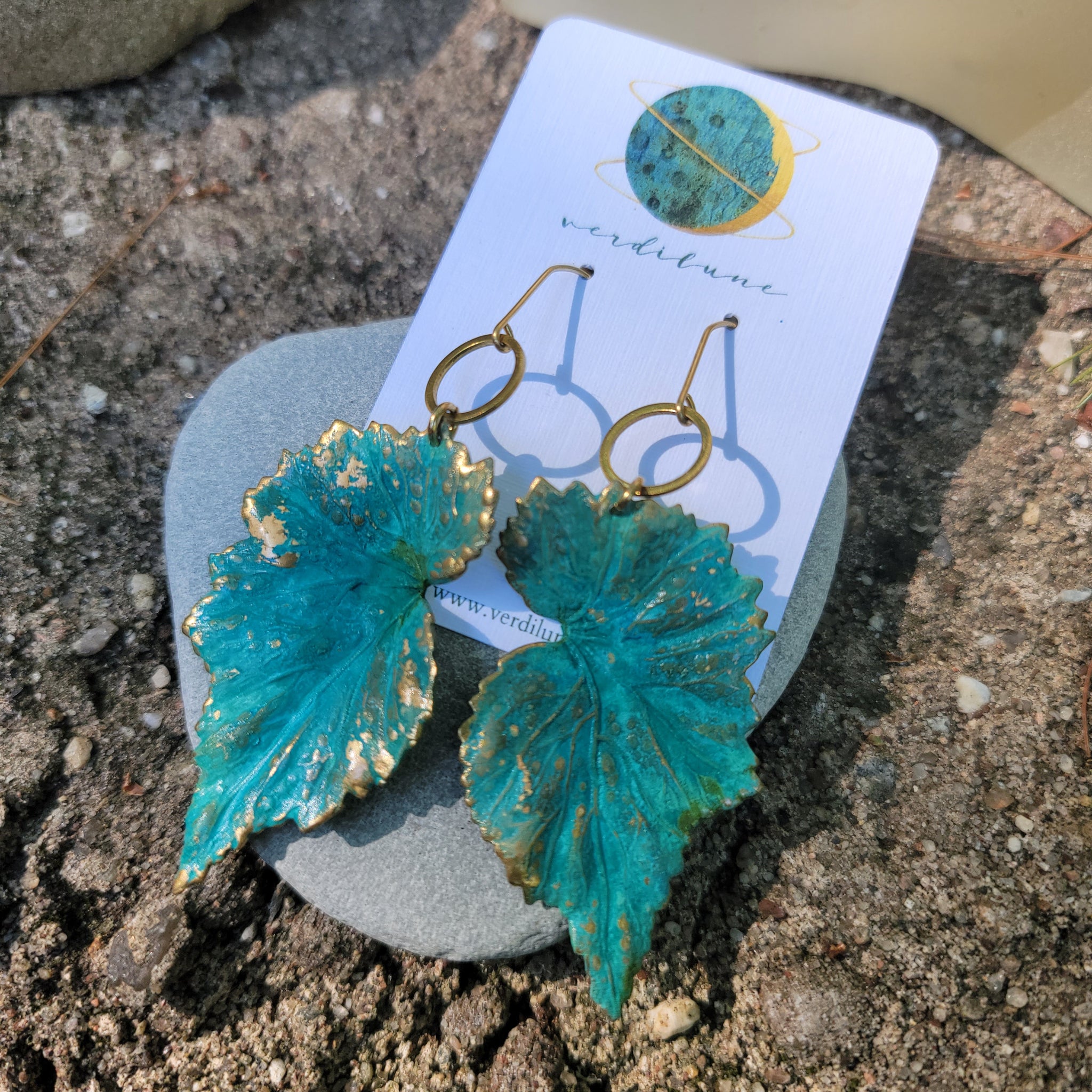 Verdigris Begonia Leaf Brass Earrings