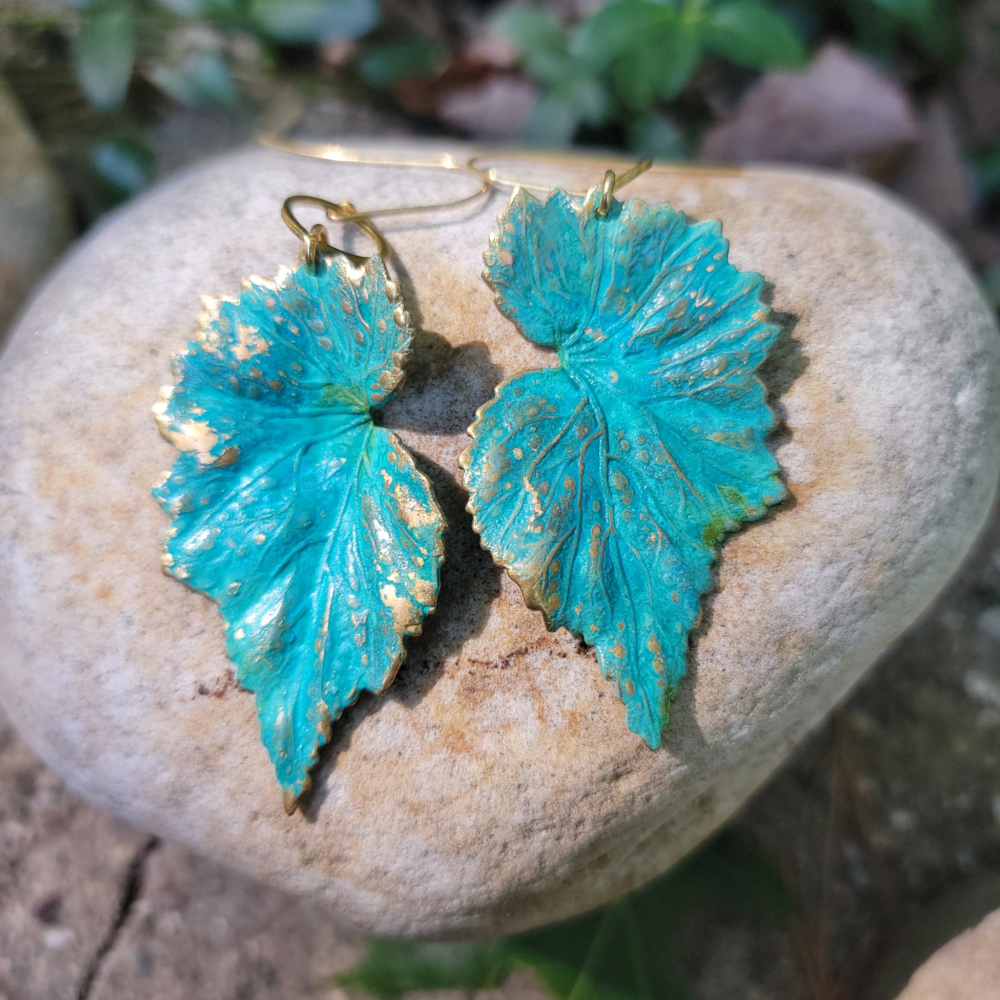 Verdigris Begonia Leaf Brass Earrings